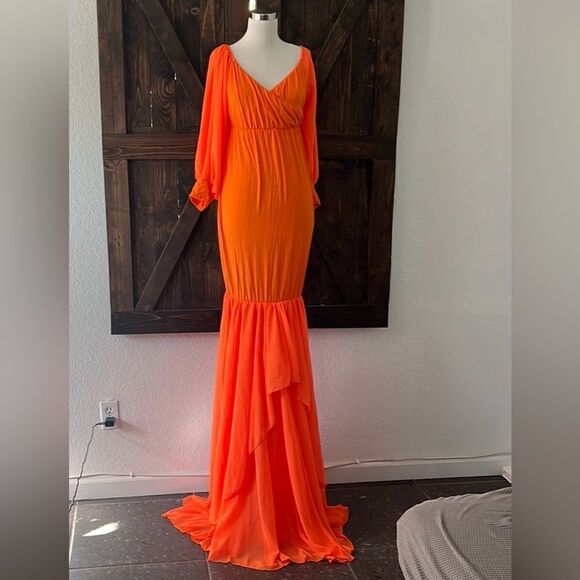 Off Shoulder Maternity Dress Elegant Fit V Neck Chiffon Long Gown Photography - Picture 5 of 12